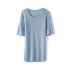 薄款羊毛衫女圓領短袖套頭針織衫女士上衣短款修身百搭純色打底衫