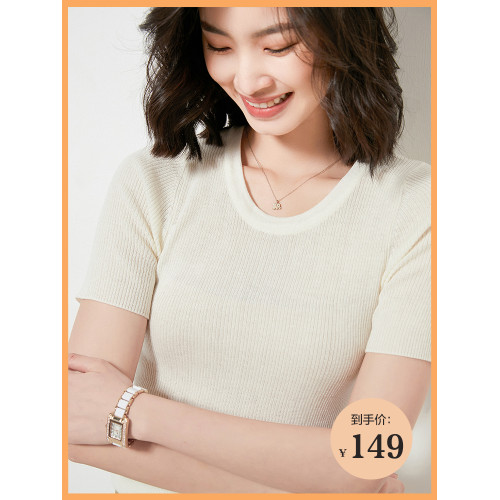 薄款羊毛衫女圓領短袖套頭針織衫女士上衣短款修身百搭純色打底衫