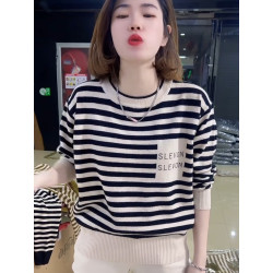 2025春秋新款圓領大碼毛衣條紋上衣女寬松時尚顯瘦上衣針織打底衫