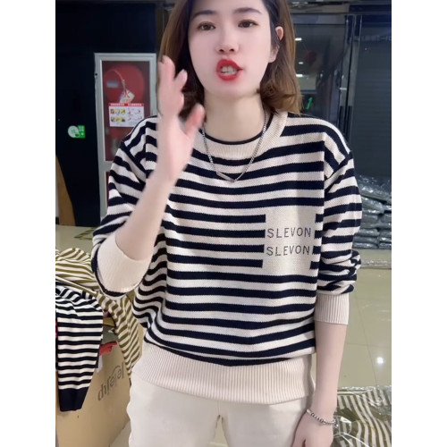 2025春秋新款圓領大碼毛衣條紋上衣女寬松時尚顯瘦上衣針織打底衫