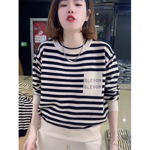 2025春秋新款圓領大碼毛衣條紋上衣女寬松時尚顯瘦上衣針織打底衫