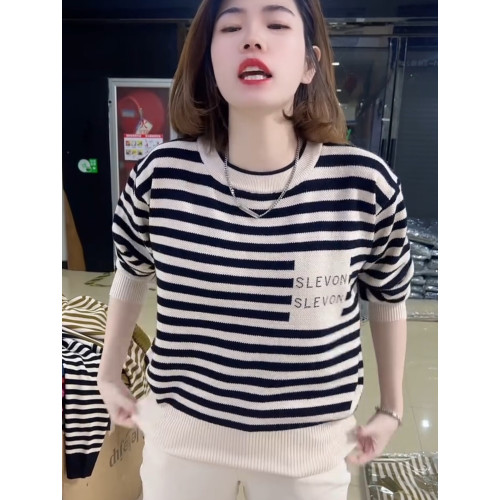 2025春秋新款圓領大碼毛衣條紋上衣女寬松時尚顯瘦上衣針織打底衫