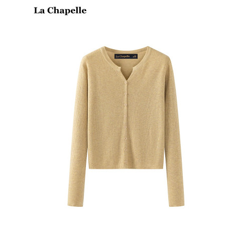拉夏貝爾/La Chapelle秋冬新款純色V領長袖針織開衫女打底衫上衣