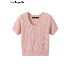 拉夏貝爾/La Chapelle溫柔風短袖針織衫女純色簡約百搭上衣打底衫