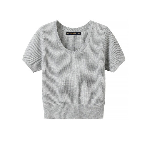 拉夏貝爾/La Chapelle溫柔風短袖針織衫女純色簡約百搭上衣打底衫