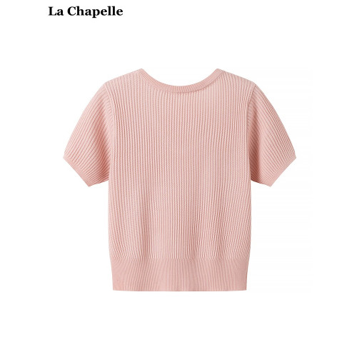 拉夏貝爾/La Chapelle溫柔風短袖針織衫女純色簡約百搭上衣打底衫