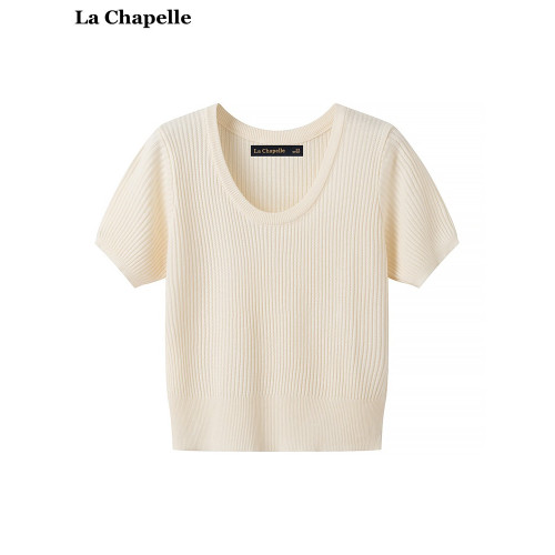 拉夏貝爾/La Chapelle溫柔風短袖針織衫女純色簡約百搭上衣打底衫
