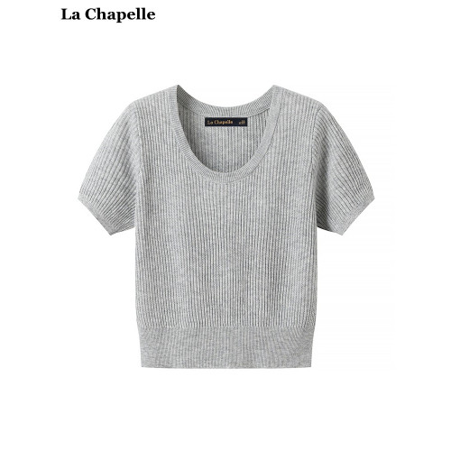 拉夏貝爾/La Chapelle溫柔風短袖針織衫女純色簡約百搭上衣打底衫
