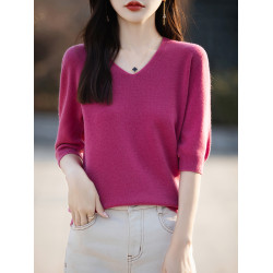 一線成衣針織短袖V領女五分袖薄內搭春夏親膚羊毛寬松半袖打底衫