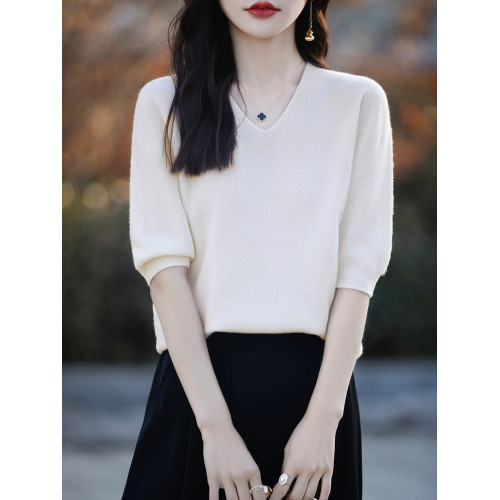 一線成衣針織短袖V領女五分袖薄內搭春夏親膚羊毛寬松半袖打底衫