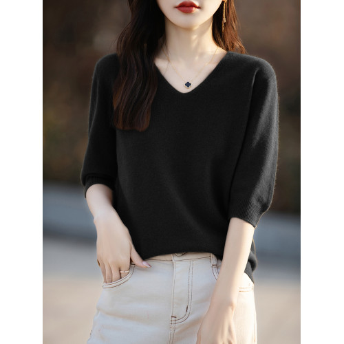 一線成衣針織短袖V領女五分袖薄內搭春夏親膚羊毛寬松半袖打底衫