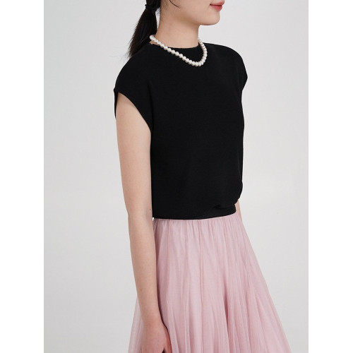 張小某 法式坎肩短袖針織衫女夏季圓領無袖修身打底衫上衣Z17119