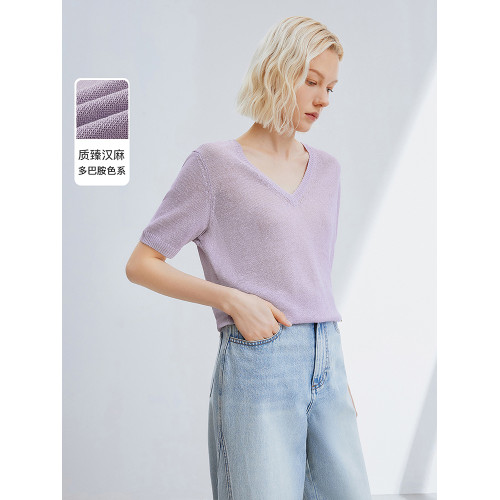 朗姿漢麻氣質夏季薄款短袖高級感打底衫上衣2024年新款毛針織衫女