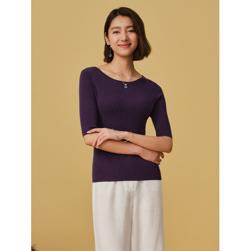 TANGY/天意秋冬新品時尚通勤舒適中袖純色圓領打底衫針織衫