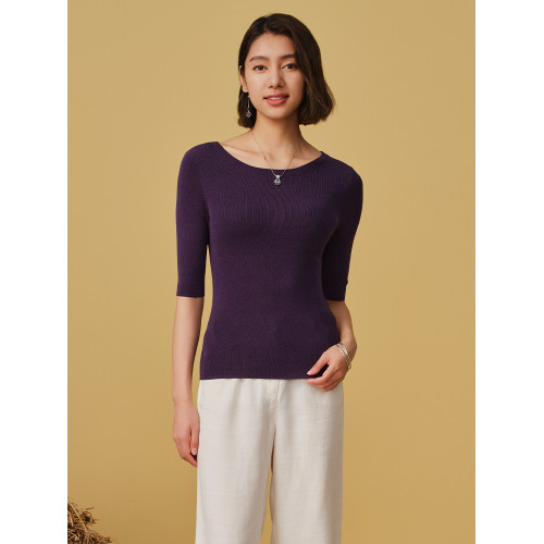 TANGY/天意秋冬新品時尚通勤舒適中袖純色圓領打底衫針織衫