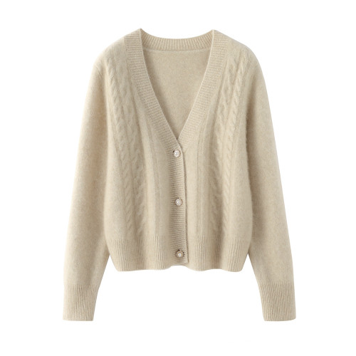 秋冬新款羊毛開衫女v領純色韓版純羊毛長袖毛衣女外套針織打底衫