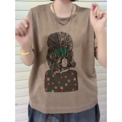 夏季新款圓領短袖針織衫女文藝休閒印花寬松百搭亞麻冰絲打底衫潮