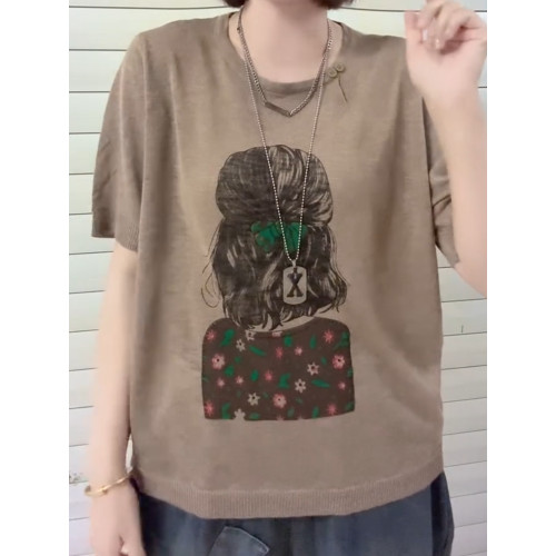 夏季新款圓領短袖針織衫女文藝休閒印花寬松百搭亞麻冰絲打底衫潮