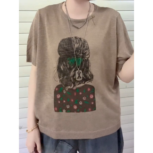 夏季新款圓領短袖針織衫女文藝休閒印花寬松百搭亞麻冰絲打底衫潮