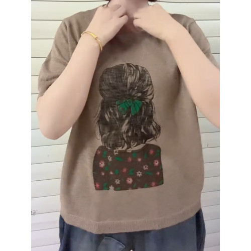 夏季新款圓領短袖針織衫女文藝休閒印花寬松百搭亞麻冰絲打底衫潮