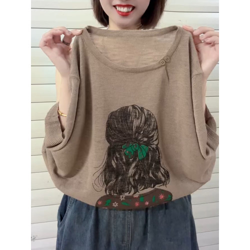 夏季新款圓領短袖針織衫女文藝休閒印花寬松百搭亞麻冰絲打底衫潮