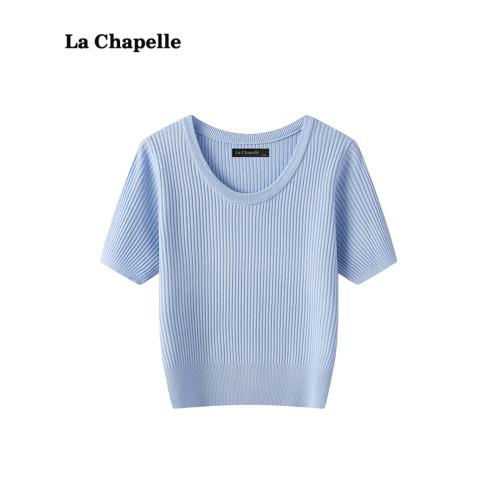 拉夏貝爾/La Chapelle純色短袖針織衫秋季新款百搭打底衫上衣女