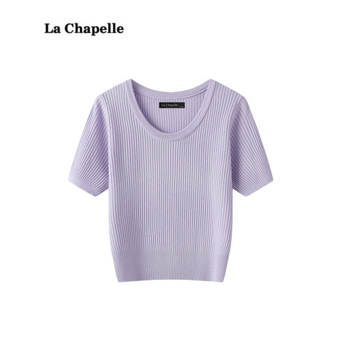 拉夏貝爾/La Chapelle純色短袖針織衫秋季新款百搭打底衫上衣女