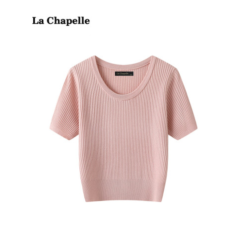 拉夏貝爾/La Chapelle純色短袖針織衫秋季新款百搭打底衫上衣女