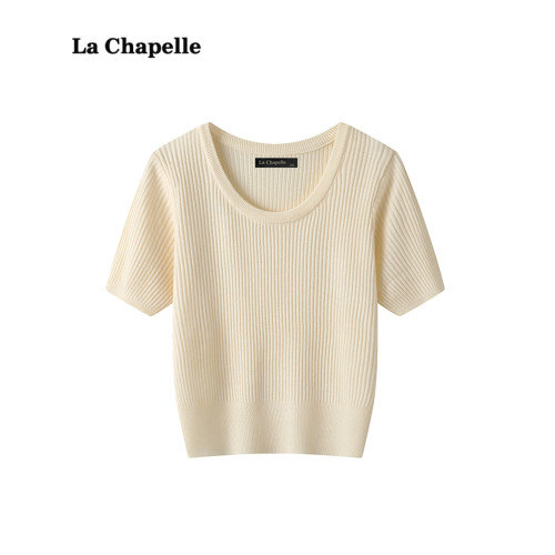 拉夏貝爾/La Chapelle純色短袖針織衫秋季新款百搭打底衫上衣女