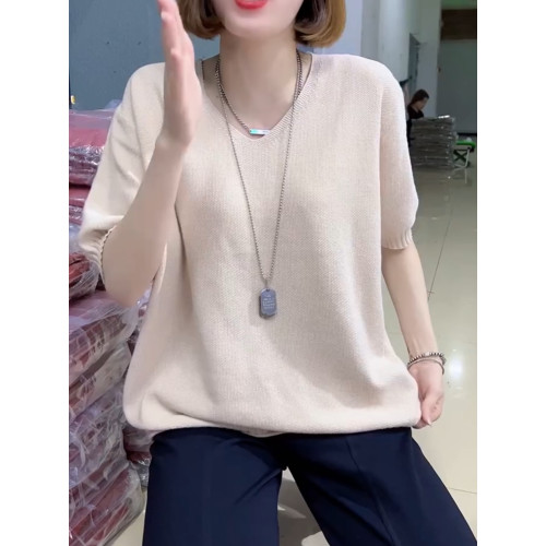 歐貨夏季純色V領短袖針織打底衫女寬松簡約套頭純棉線內搭半袖女