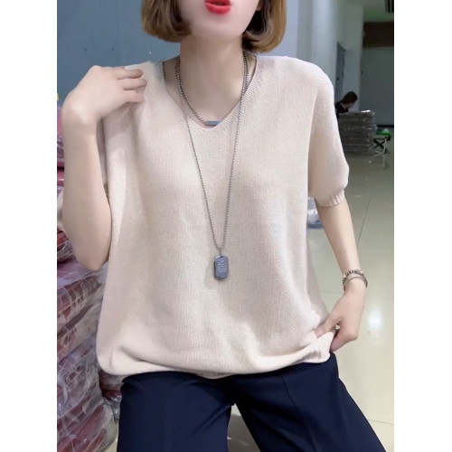 歐貨夏季純色V領短袖針織打底衫女寬松簡約套頭純棉線內搭半袖女