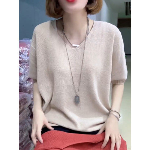 歐貨夏季純色V領短袖針織打底衫女寬松簡約套頭純棉線內搭半袖女