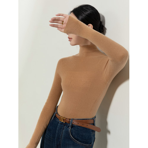 秋冬季精紡修身山羊絨衫女半高領套頭毛衣薄款純色內搭針織打底衫