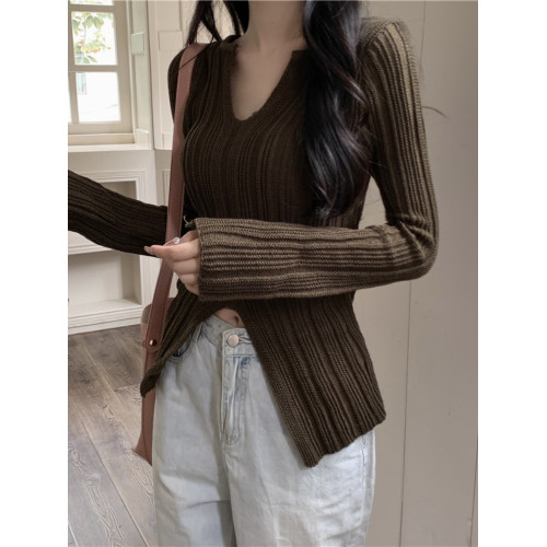 純欲絕美低領黑色打底衫女春秋設計感別致開叉修身內搭針織衫上衣