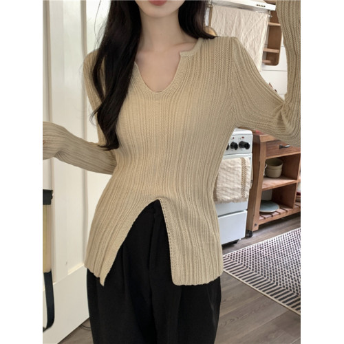 純欲絕美低領黑色打底衫女春秋設計感別致開叉修身內搭針織衫上衣