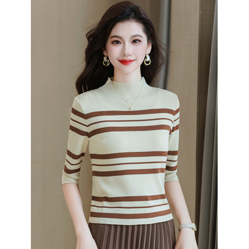 中袖條紋針織衫春季小個子氣質短款上衣女高級感半高領內搭打底衫