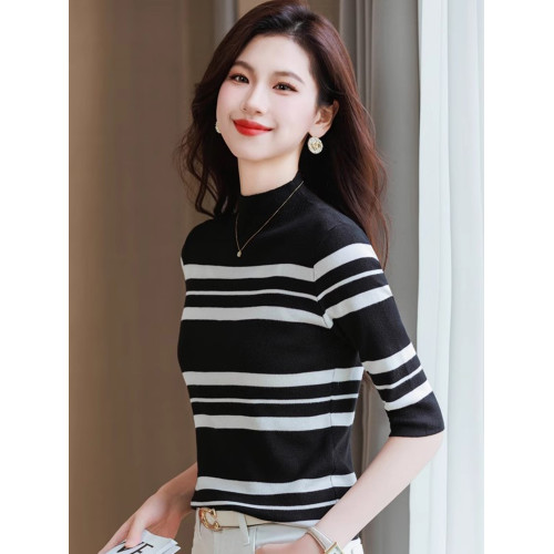 中袖條紋針織衫春季小個子氣質短款上衣女高級感半高領內搭打底衫