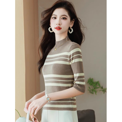 中袖條紋針織衫春季小個子氣質短款上衣女高級感半高領內搭打底衫
