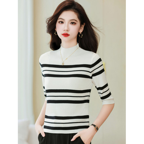 中袖條紋針織衫春季小個子氣質短款上衣女高級感半高領內搭打底衫