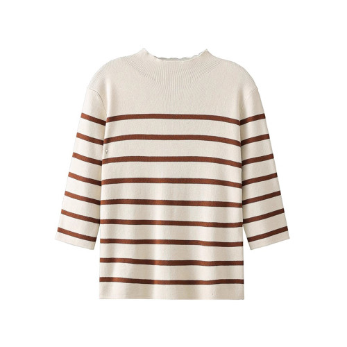 半高領條紋針織衫女春小個子短款上衣時尚洋氣修身內搭中袖打底衫