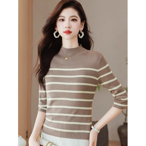 半高領條紋針織衫女春小個子短款上衣時尚洋氣修身內搭中袖打底衫