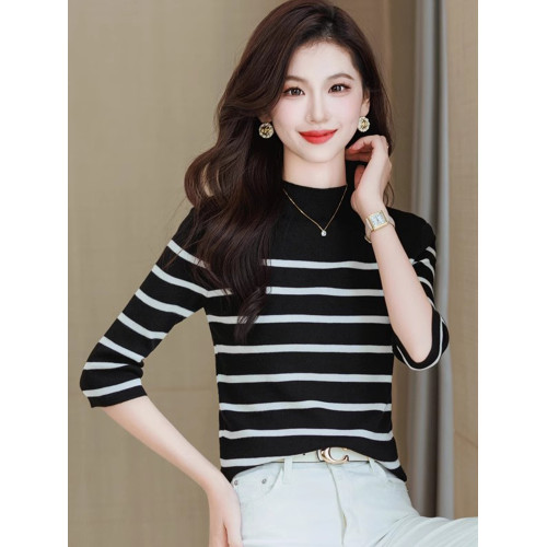 半高領條紋針織衫女春小個子短款上衣時尚洋氣修身內搭中袖打底衫