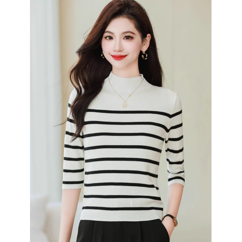 半高領條紋針織衫女春小個子短款上衣時尚洋氣修身內搭中袖打底衫