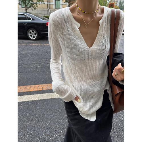 法式v領針織衫女開叉上衣2025新款氣質慵懶風修身內搭長袖打底衫