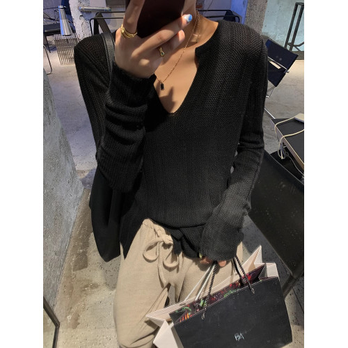 法式v領針織衫女開叉上衣2025新款氣質慵懶風修身內搭長袖打底衫