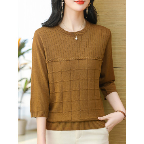 媽媽裝春裝七分袖桑蠶絲上衣女春秋新款圓領中袖天絲針織衫打底衫