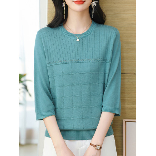 媽媽裝春裝七分袖桑蠶絲上衣女春秋新款圓領中袖天絲針織衫打底衫