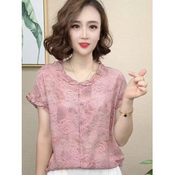 夏季媽媽裝粉色花短袖t恤女時尚花邊袖圓領小衫寬松遮肚減齡上衣