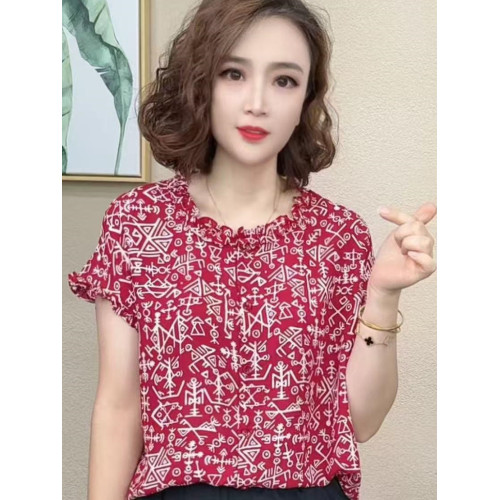夏季媽媽裝粉色花短袖t恤女時尚花邊袖圓領小衫寬松遮肚減齡上衣