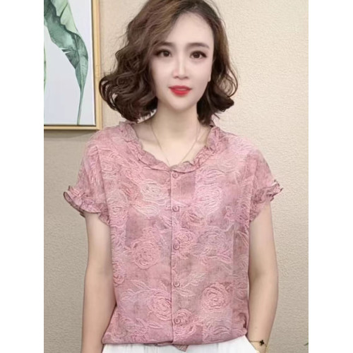 夏季媽媽裝粉色花短袖t恤女時尚花邊袖圓領小衫寬松遮肚減齡上衣